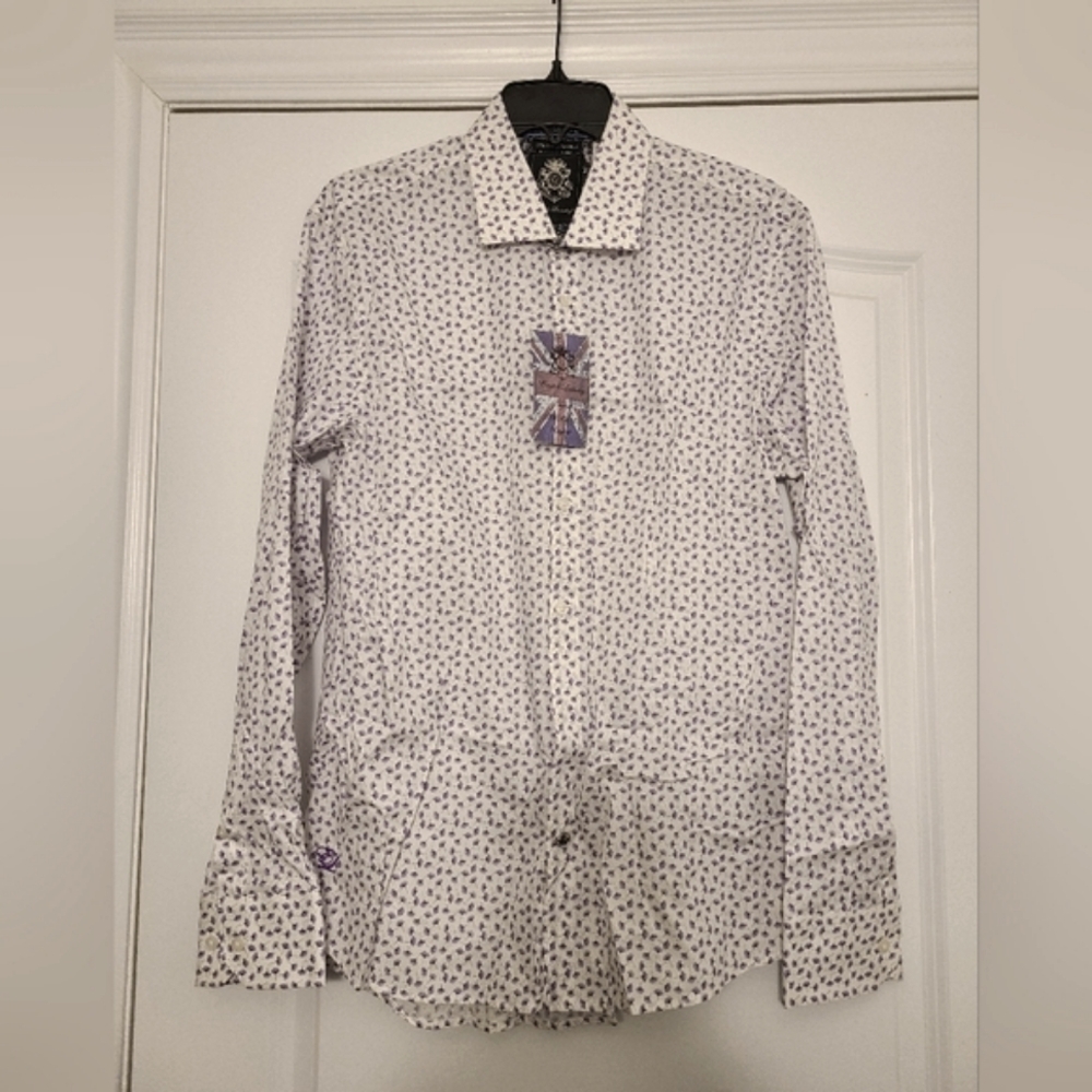 English Laundry Men's White and Purple Patterned Shirt Size Medium